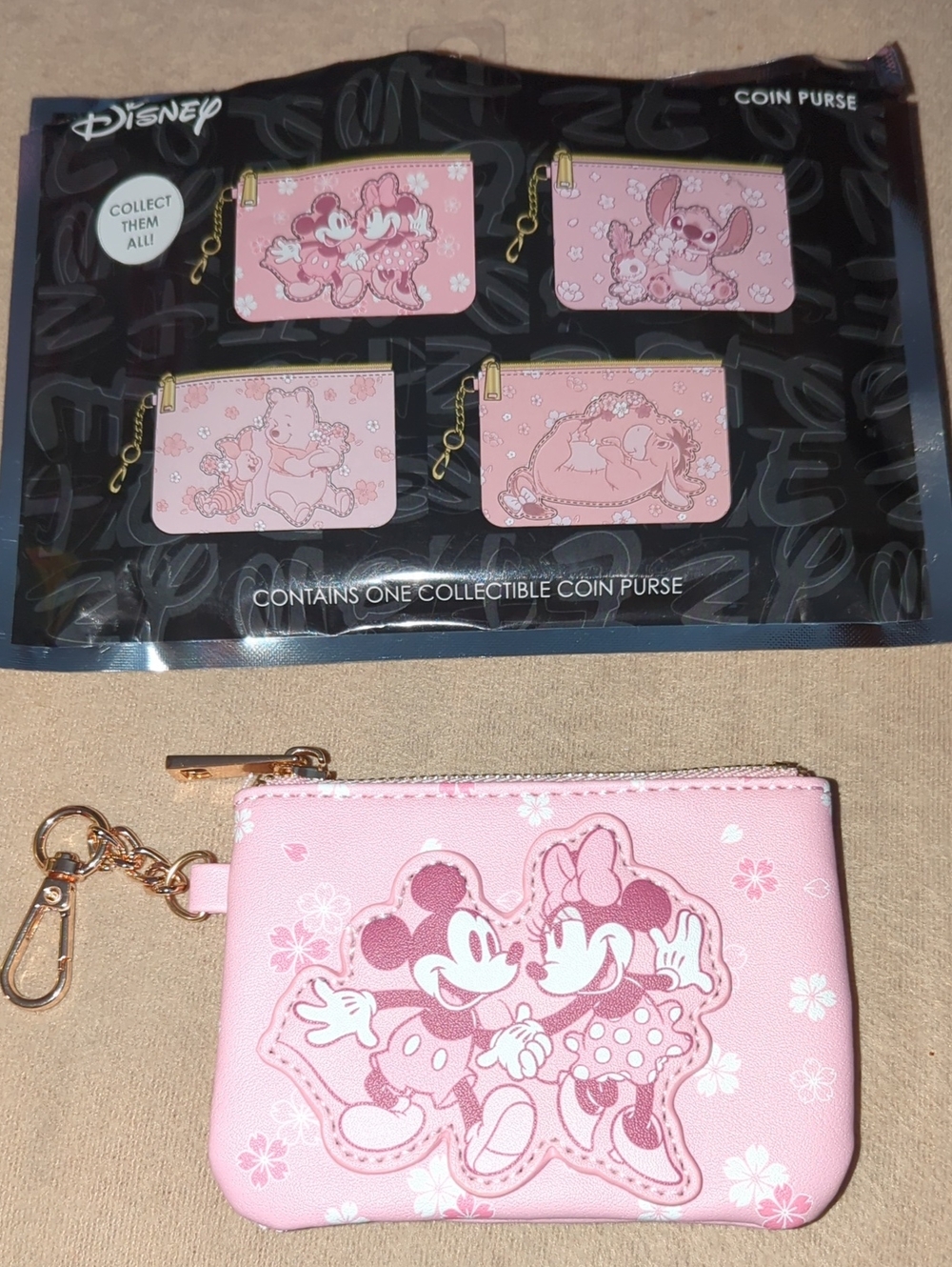 Disney Pink Cherry Blossom Mickey & Minnie Zip Coin Purse with Gold Hardware